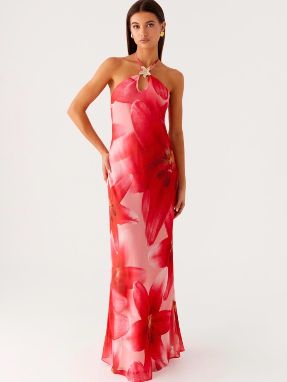 Peppermayo Red Floral Halter-Neck Maxi Dress